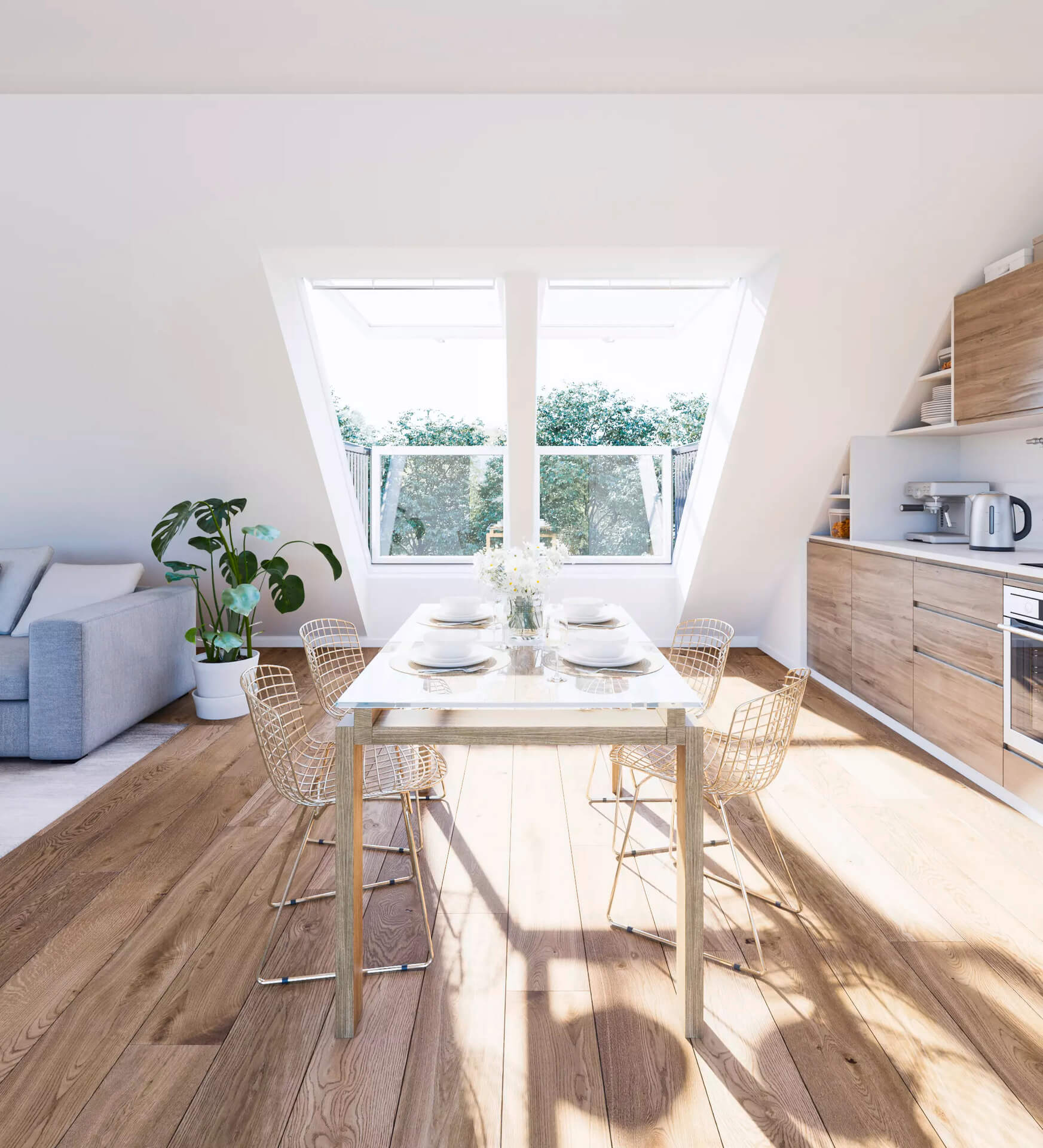 Kuchyň vybavená dvěma balkonovými okny